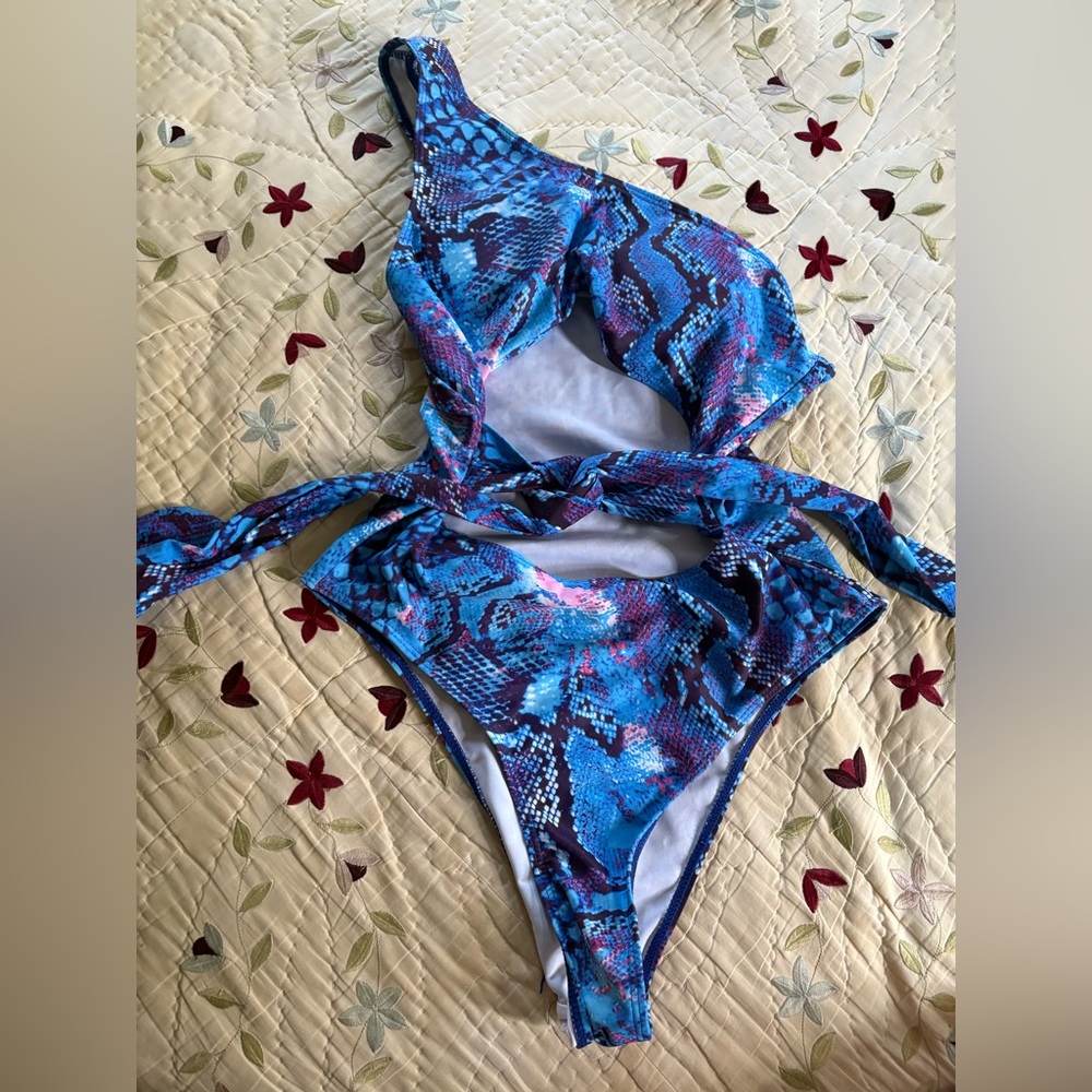 Blue Snake-Print One-Piece Swimsuit